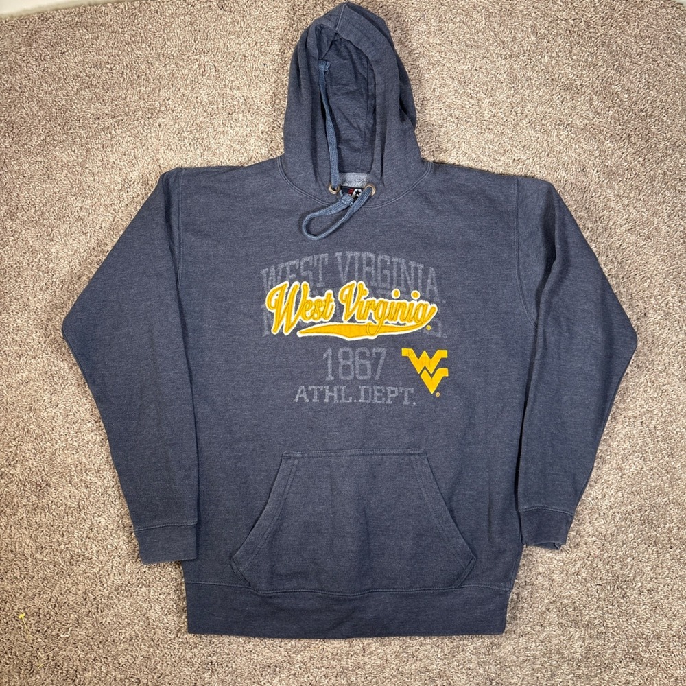 J America West Virginia Mountaineers Hoodie Mens Large Blue WVU 1867 Pullover